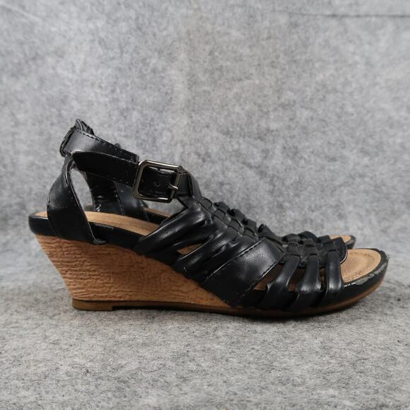 DbDk Fashion Shoes Womens 6.5 Sandals Wedge Buckle Ankle Strap Black Open Toe - Picture 1 of 15